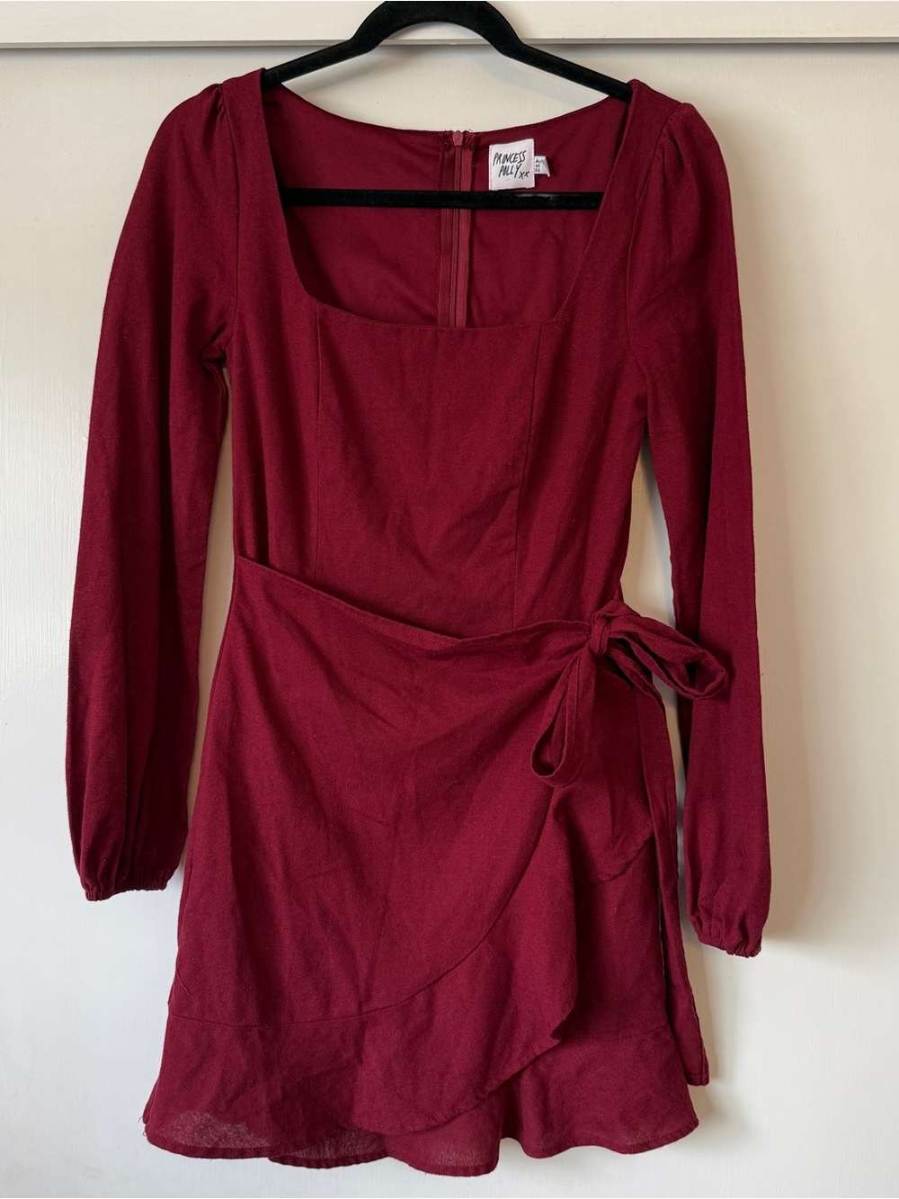 Princess Polly Deep Red Long-Sleeve Wrap style Mini Dress